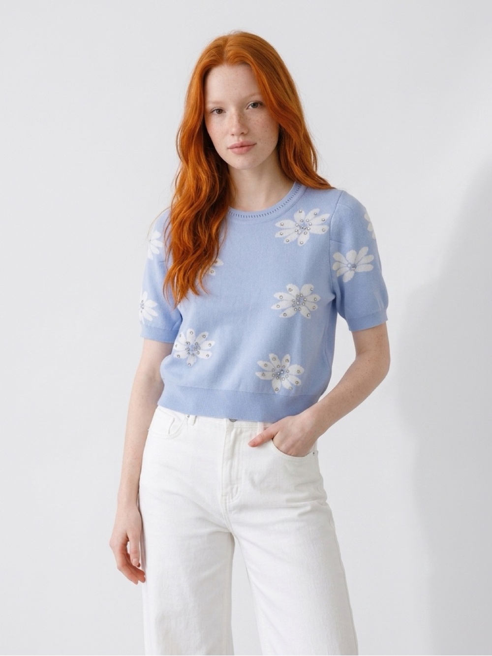Nanette Lepore Light Blue Floral Embellished Short Sleeve Sweater